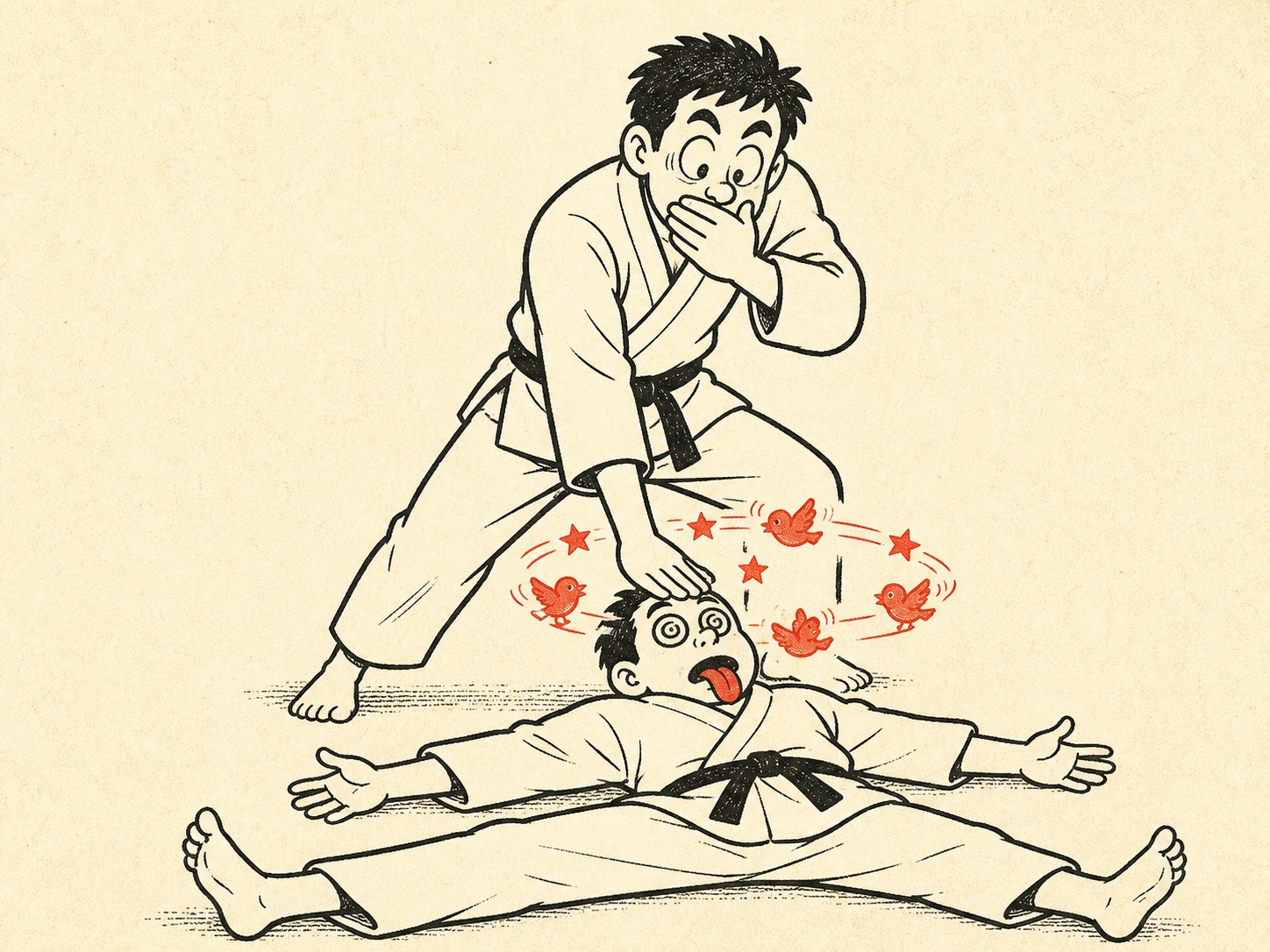 Uke connecting with a shomenuchi, nage flat with birds circling