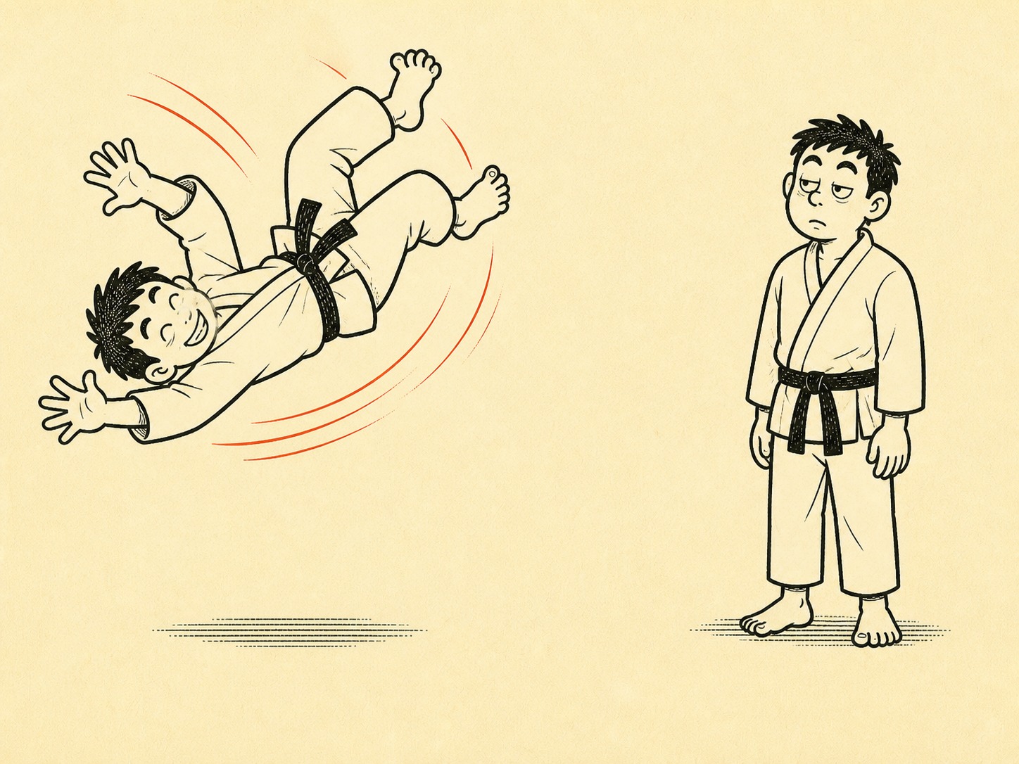 Uke already mid-breakfall while nage stands still