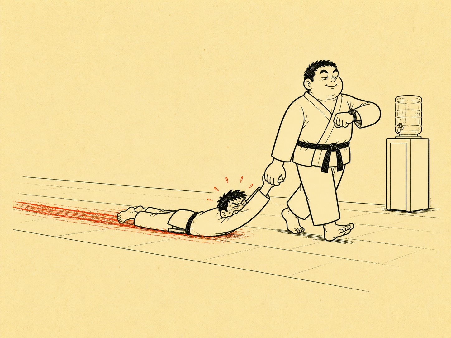 Uke still gripping nage's wrist while being dragged away