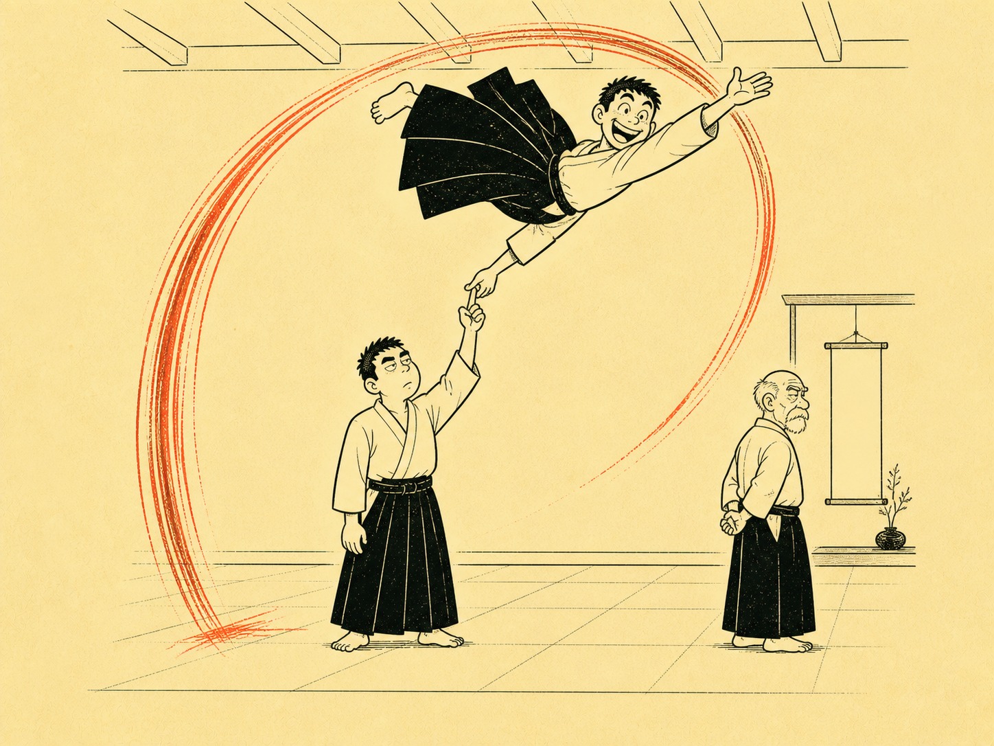 Uke doing an enormous aerial breakfall from a light touch