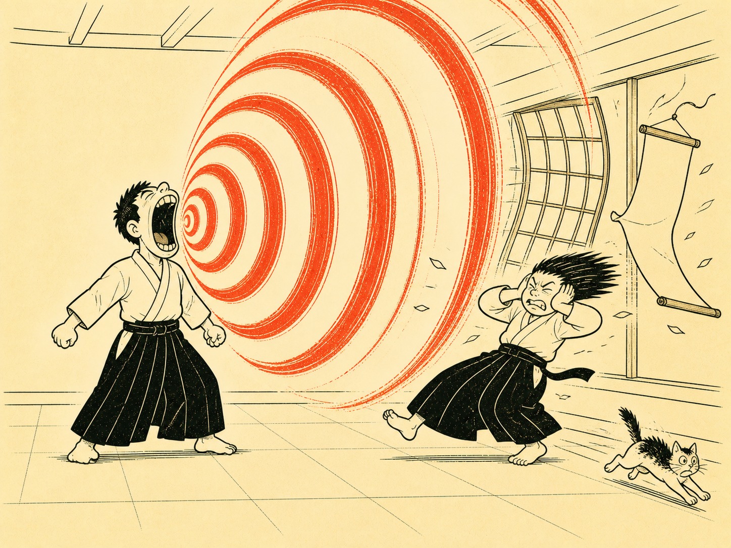 Uke unleashing an enormous kiai, scroll falling off the wall