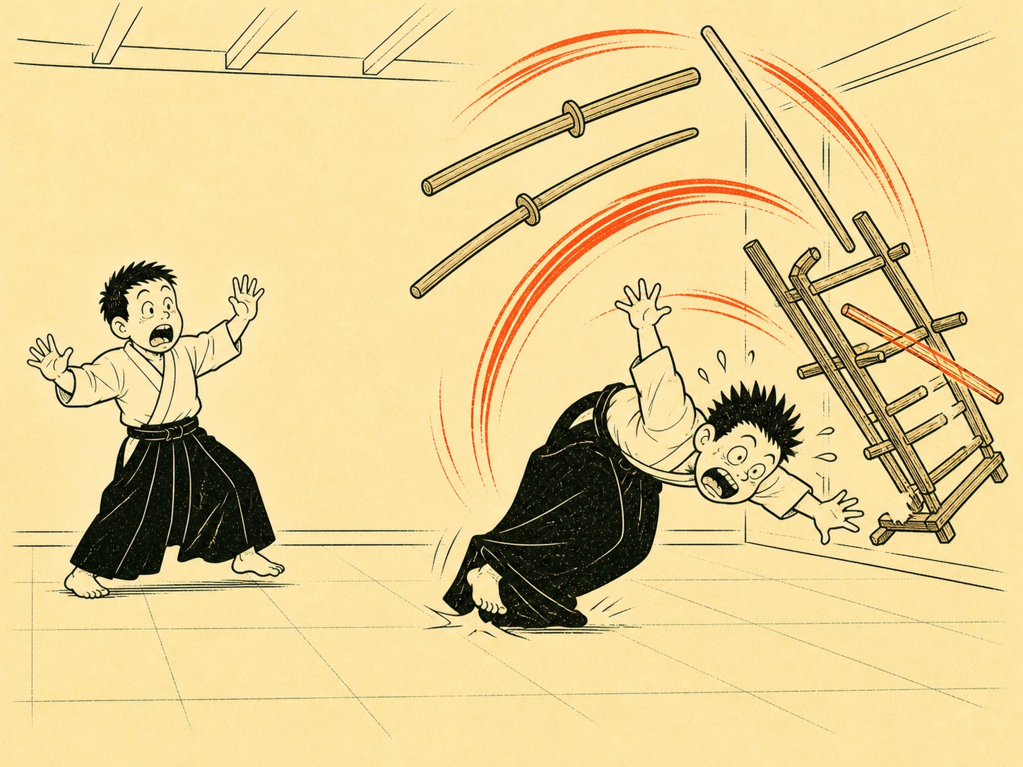 Uke tripping on his own hakama hem