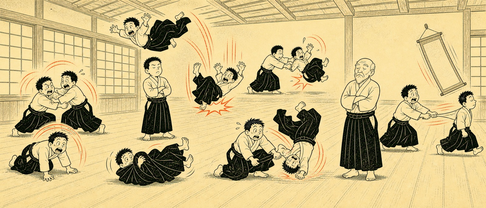 A chaotic aikido dojo scene